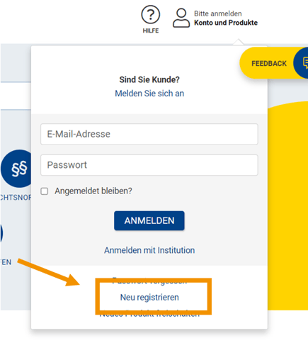 Drop-Downmenü mit Auswahl Neu registrieren