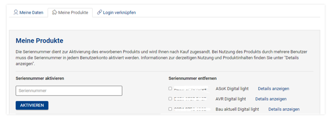 Meine Produkte Seriennummernübersicht und Eingabe