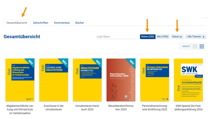 Screenshot: Standardfilter in der Gesamtübersicht.