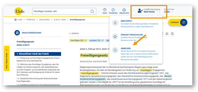 Screenshot Drop-Down-Menü Abmelden