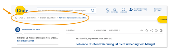 Screenshot Weiter- und zurücknavigieren Breadcrumb