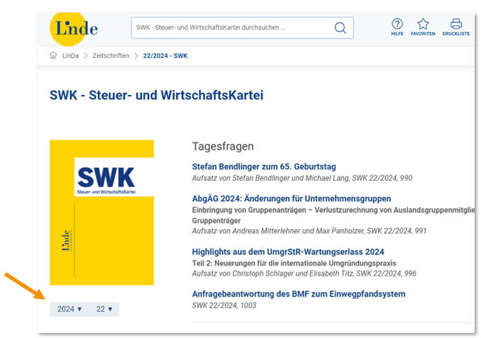 Screenshot Inhaltsverzeichnis mit Ausgabenpicker
