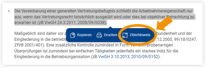 Zitierhinweis Text markieren