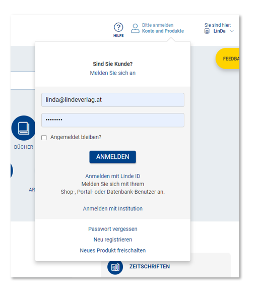 Screenshot Drop-Down-Menü Anmelden