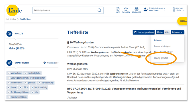 Screenshot Sortierung Filter Drop-Down Relevanz