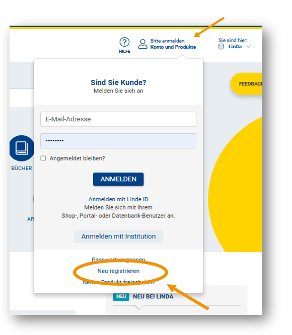 Screenshot Drop-Down-Menü Neu registrieren