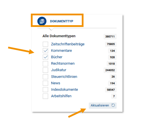 Screenshot Dokumenttyp Filter Mehrfachauswahl